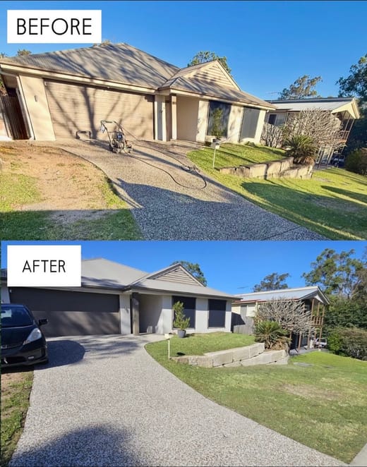 Before and after of a pressure-cleaned roof and driveway